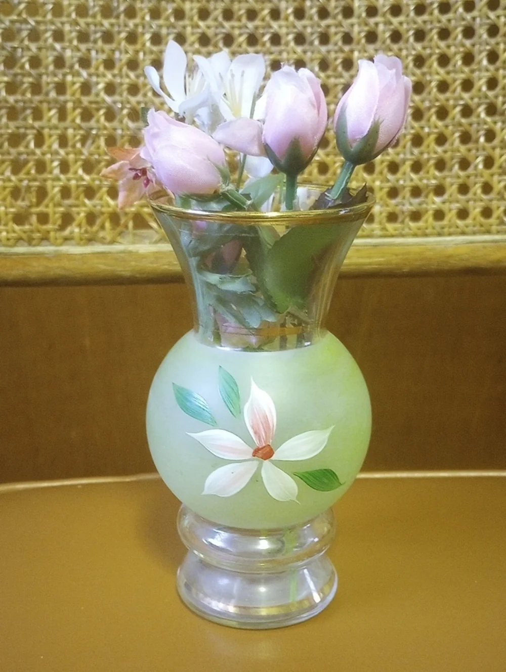 Vintage Glass Vase w/ Pink, Green & Red Painted Floral Design & Gold Trim